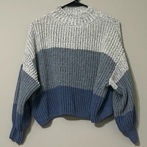 blue & white colorblock MM mock-neck sweater, W M